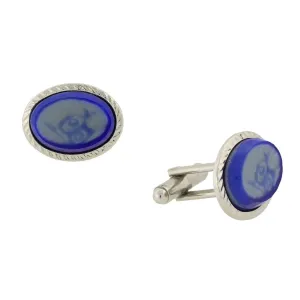 1928 Jewelry Oval Blue And White Glass Stone Cufflinks 1928 Jewelry