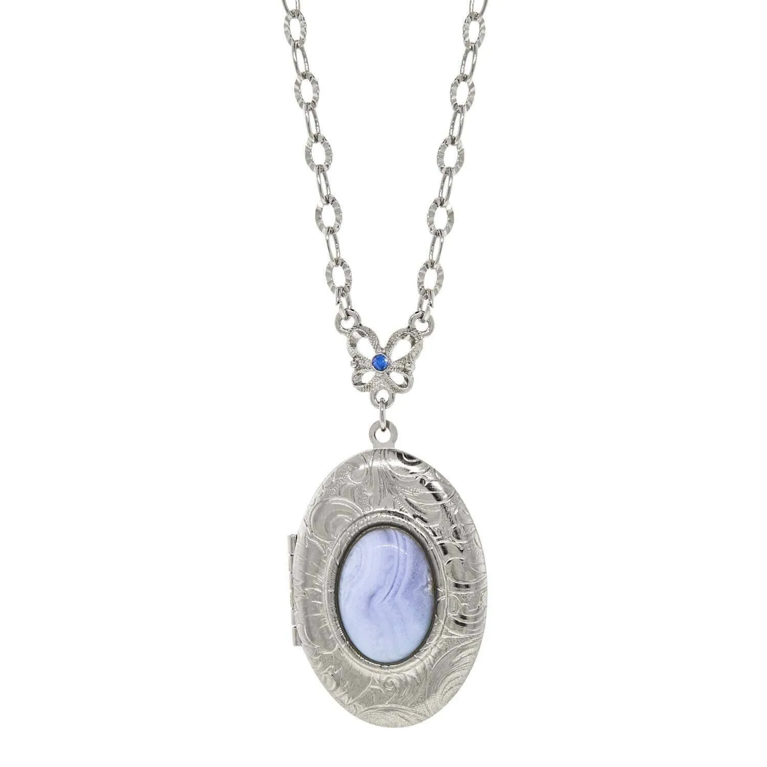 1928 Jewelry Oval Blue Lace Agate Gemstone Locket Necklace 26" 1928 Jewelry