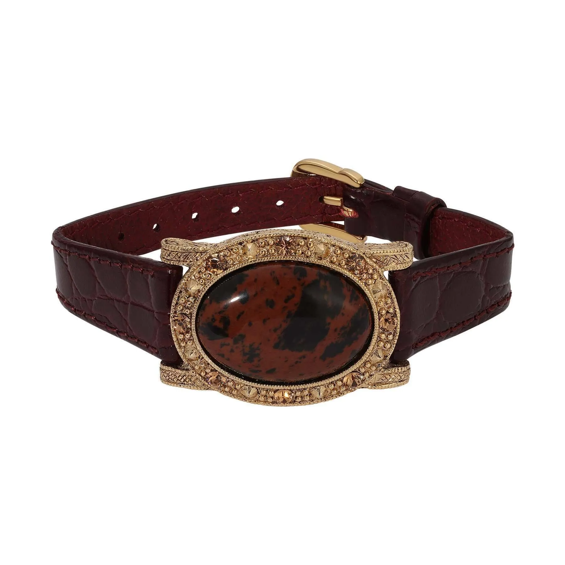 1928 Jewelry Oval Brown Obsidian Topaz Crystal Burgundy Leather Belt Bracelet 1928 Jewelry