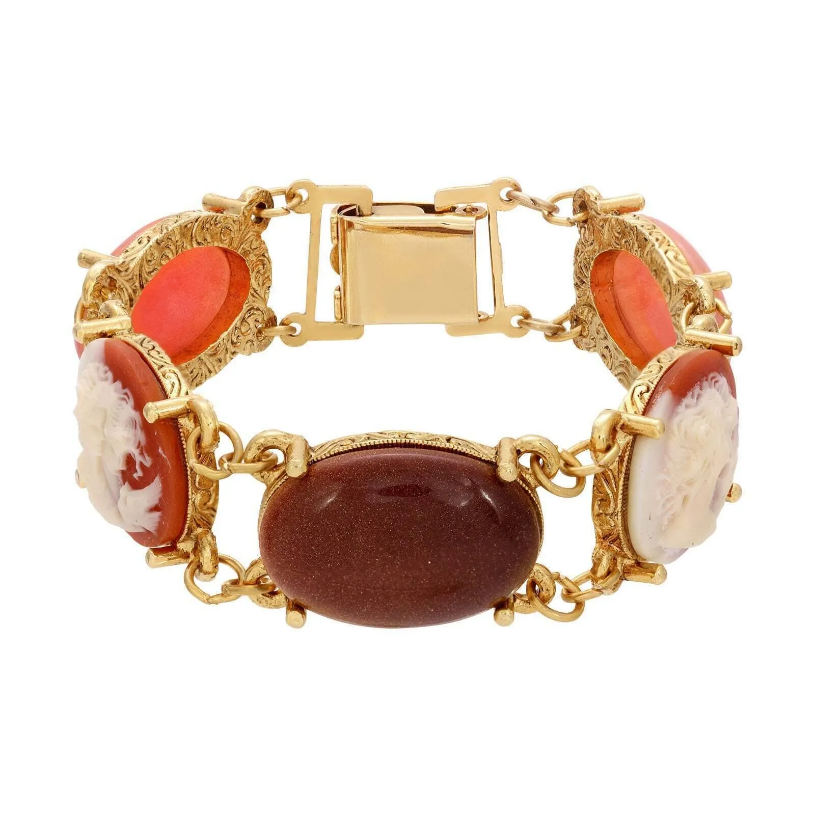1928 Jewelry Oval Cameo & Genuine Goldstone Link Bracelet 1928 Jewelry