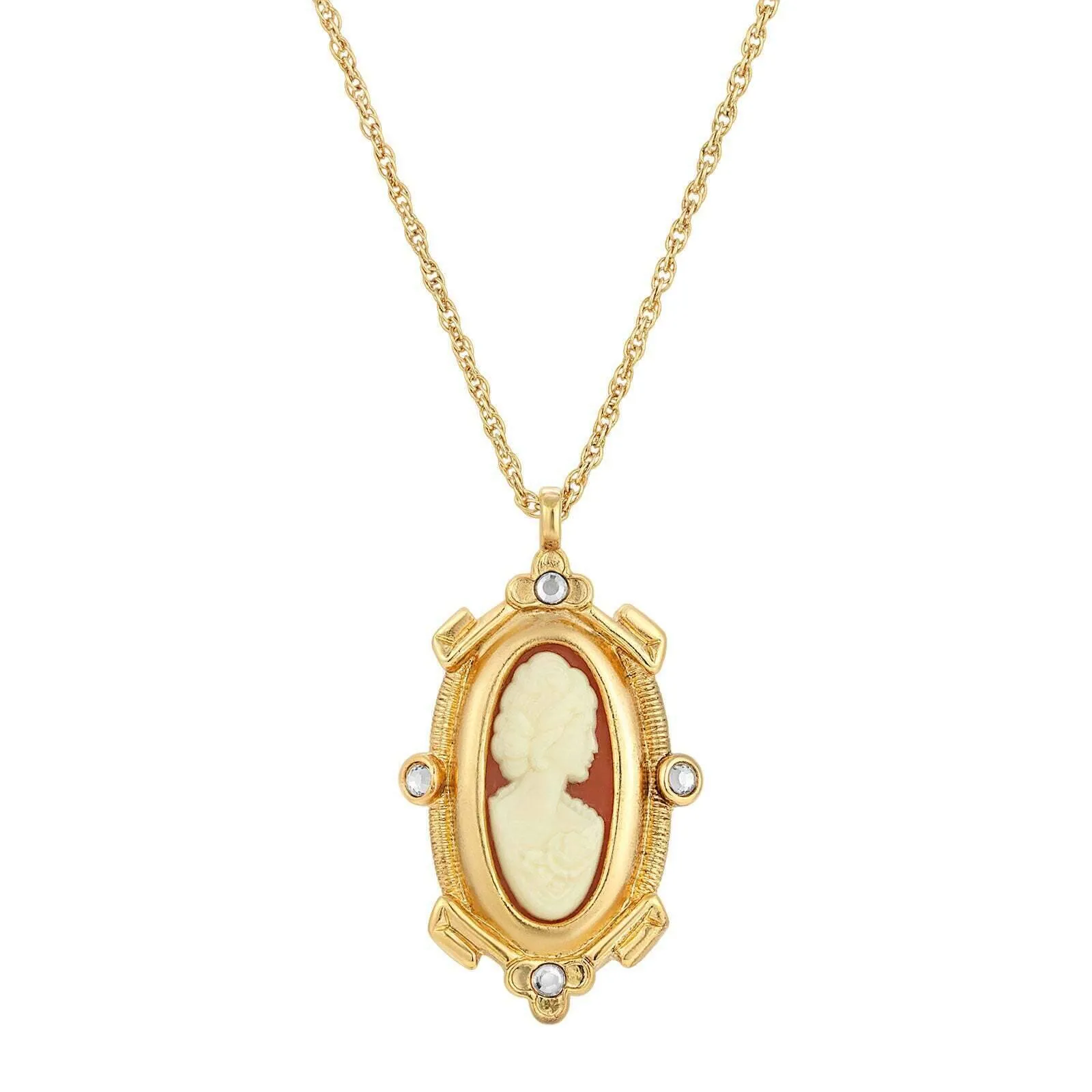 1928 Jewelry Oval Carnelian Cameo And Crystal Pendant Necklace 18" 1928 Jewelry