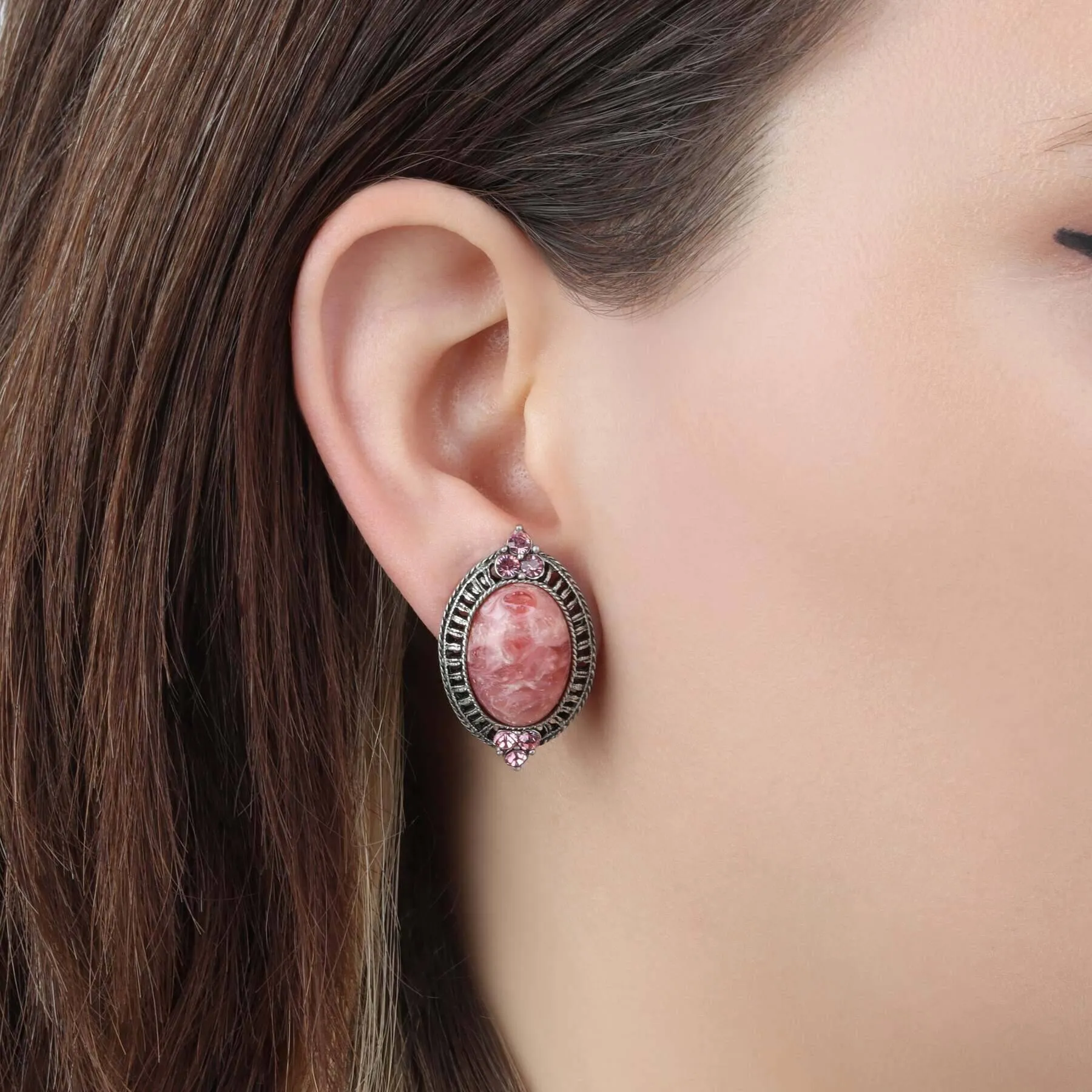 1928 Jewelry Oval Coral Quartz Stone & Light Rose Pink Crystal Post Earrings 1928 Jewelry