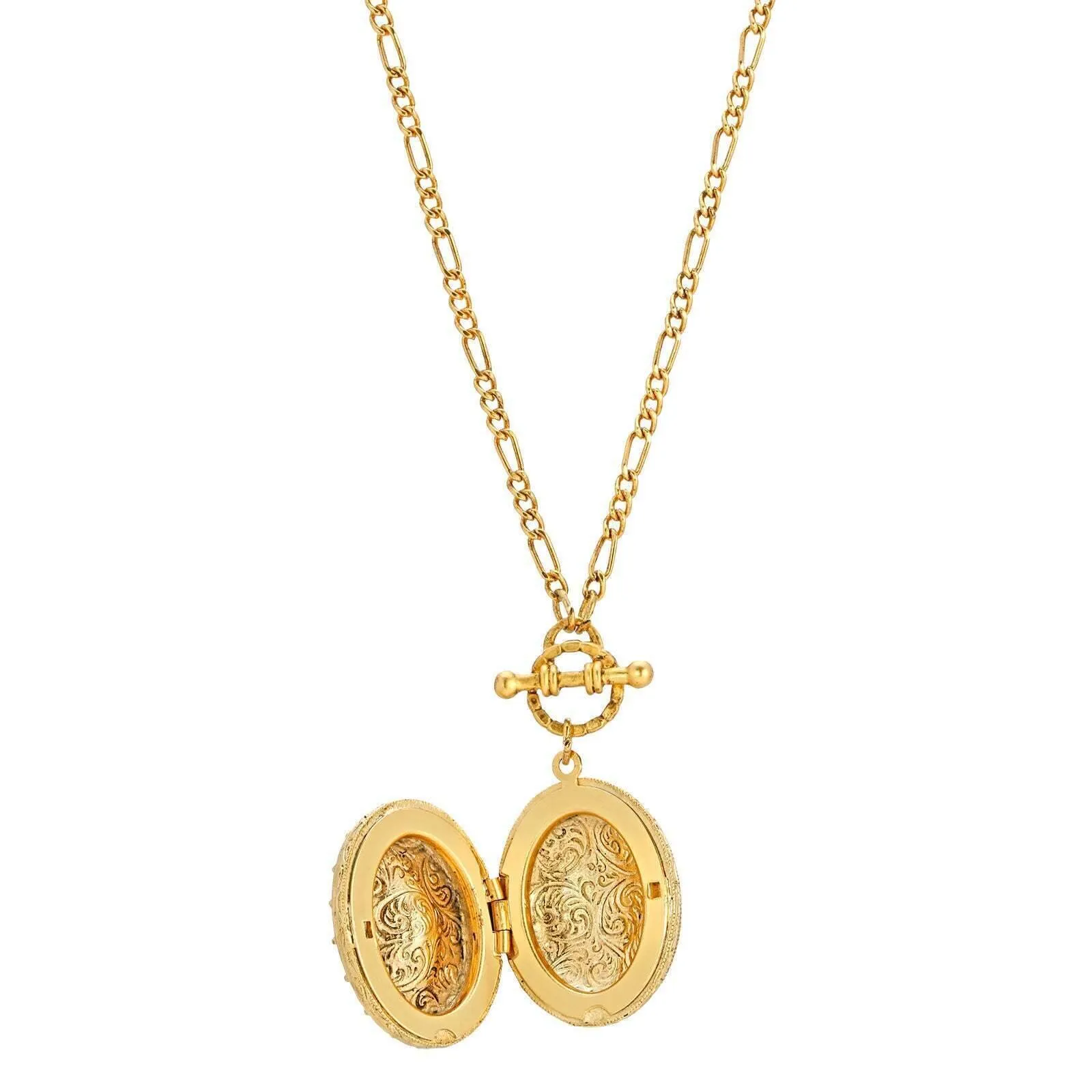 1928 Jewelry Oval Crystal Filigree Double Locket Necklace 30" 1928 Jewelry