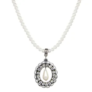 1928 Jewelry Oval Crystal Teardrop Pendant Faux Pearl Strand Necklace 15"   3" Extension 1928 Jewelry