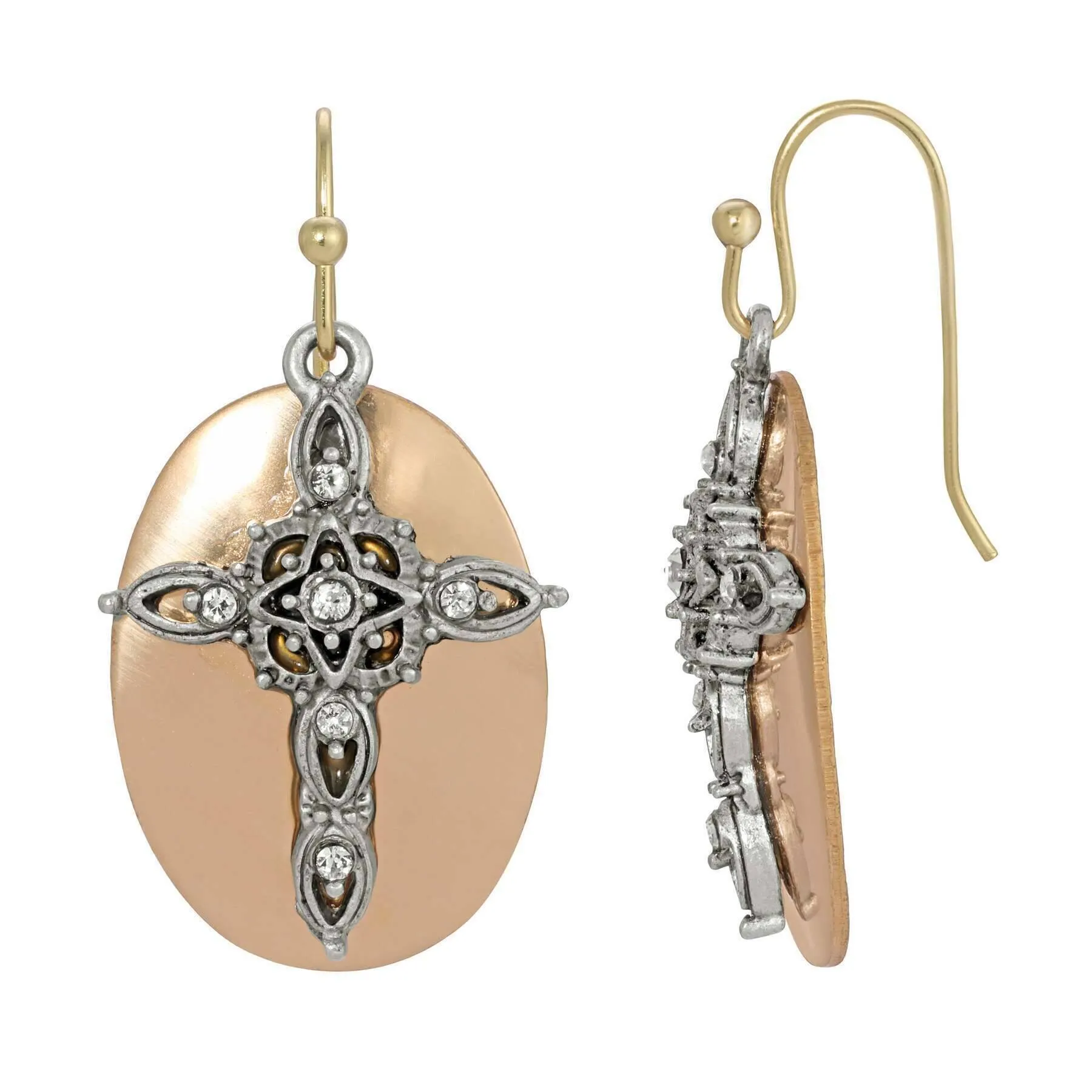 1928 Jewelry Oval Disk Cross & Crystal Drop Earrings 1928 Jewelry
