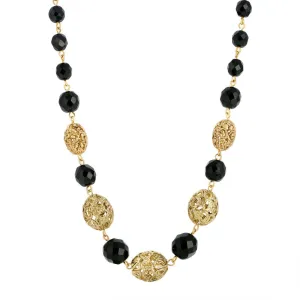 1928 Jewelry Oval Filigree & Black Beaded Necklace 16"   3 " Extender 1928 Jewelry