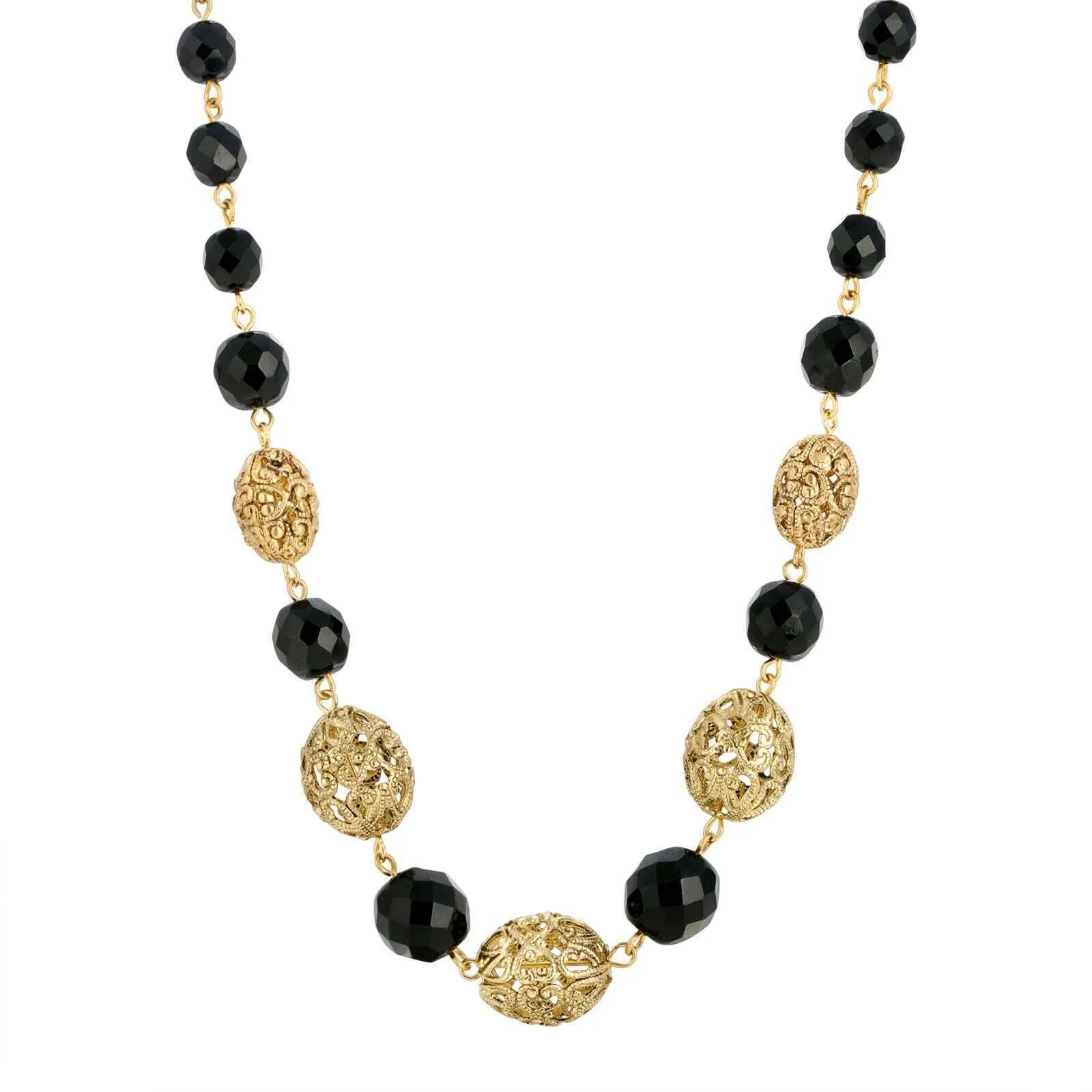 1928 Jewelry Oval Filigree & Black Beaded Necklace 16"   3 " Extender 1928 Jewelry