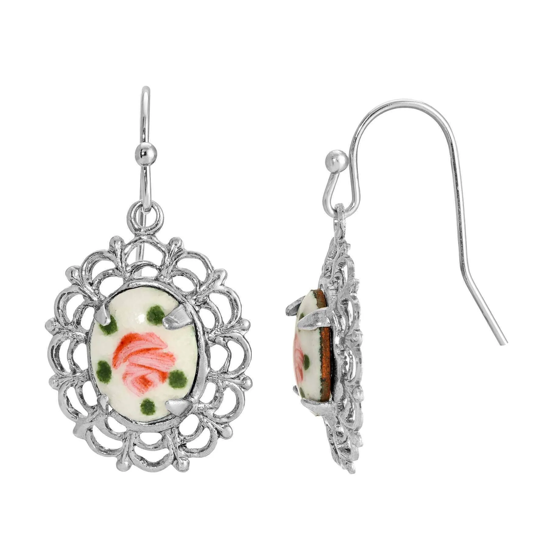 1928 Jewelry Oval Filigree Artisan Pink Flower Stone Drop Earrings 1928 Jewelry