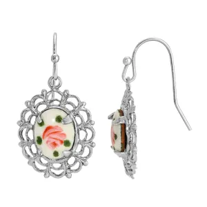 1928 Jewelry Oval Filigree Artisan Pink Flower Stone Drop Earrings 1928 Jewelry