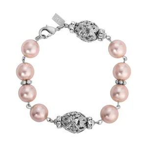 1928 Jewelry Oval Filigree Crystal Bead Faux Pearl Bracelet 1928 Jewelry