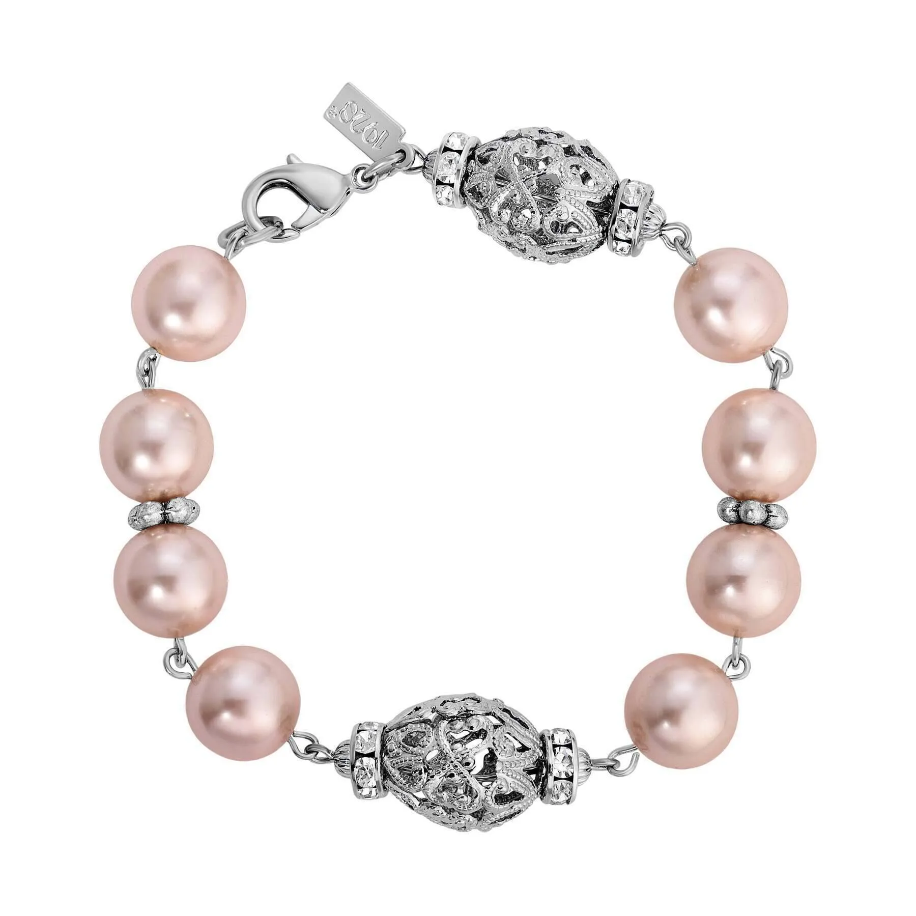 1928 Jewelry Oval Filigree Crystal Bead Faux Pearl Bracelet 1928 Jewelry