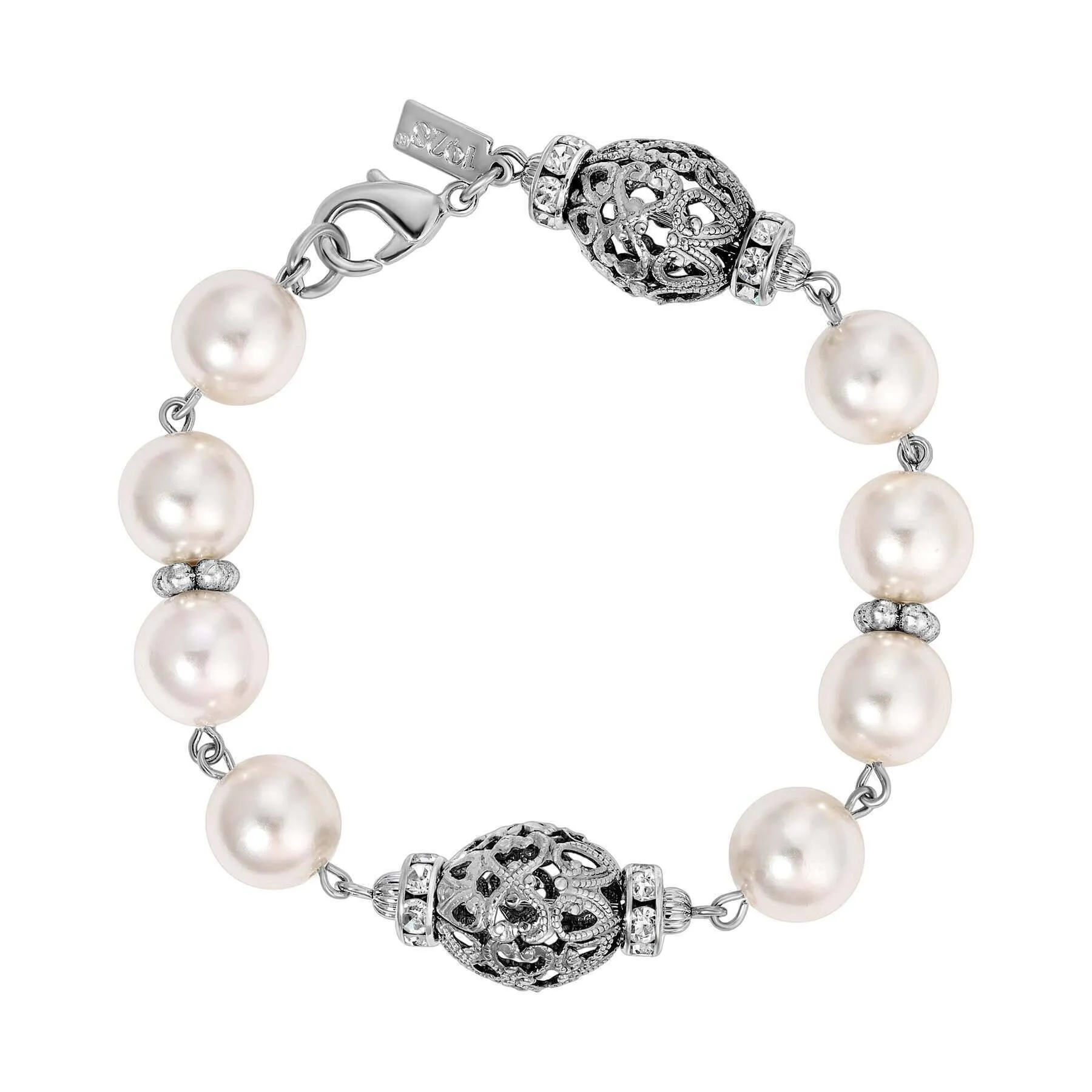 1928 Jewelry Oval Filigree Crystal Bead Faux Pearl Bracelet 1928 Jewelry