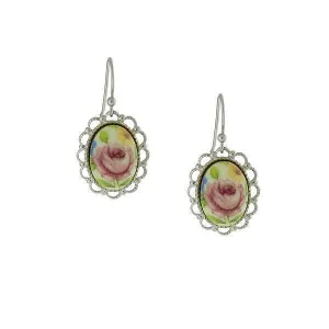 1928 Jewelry Oval Filigree Pink Flower Stone Drop Earrings 1928 Jewelry