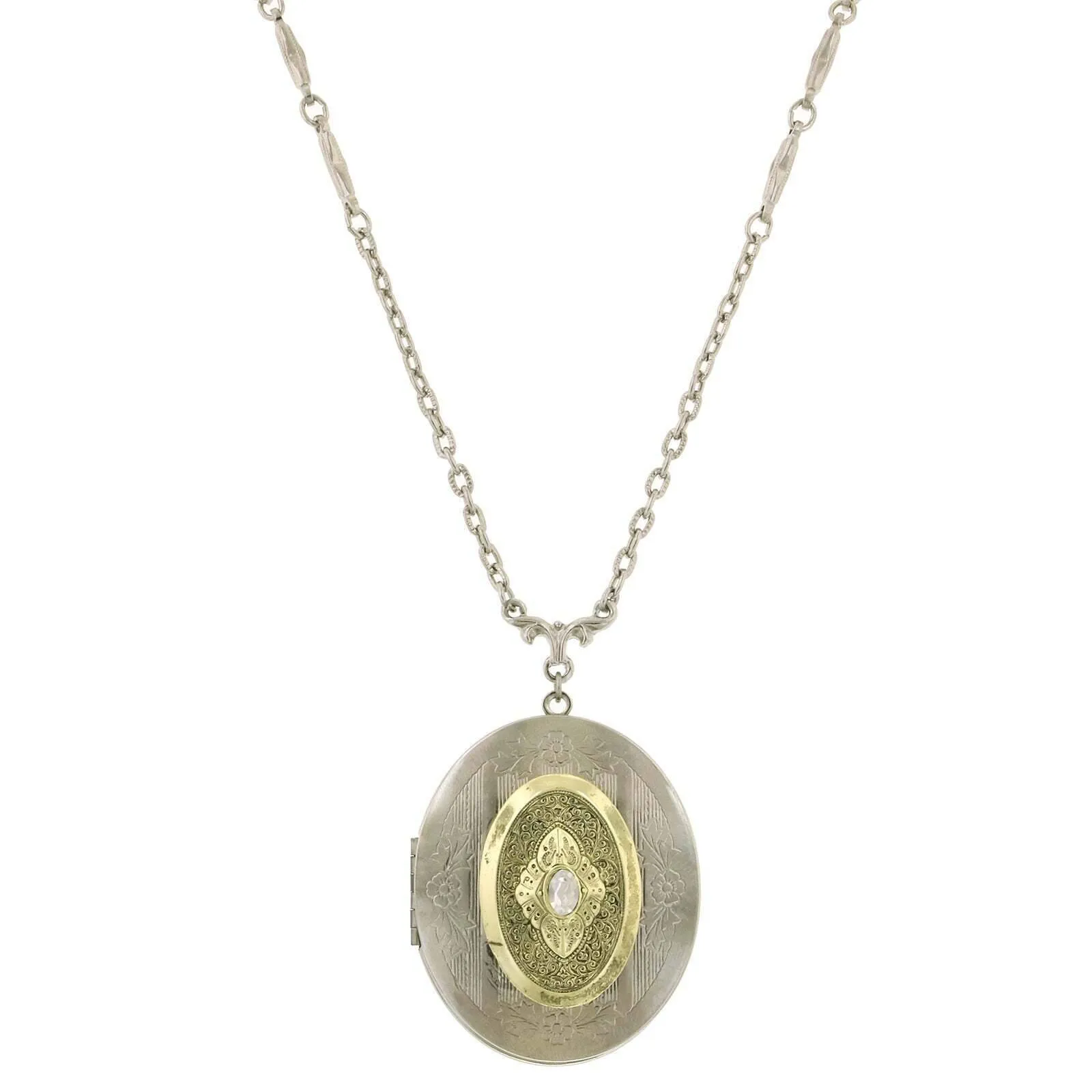 1928 Jewelry Oval Floral & Crystal Locket Necklace 32" 1928 Jewelry