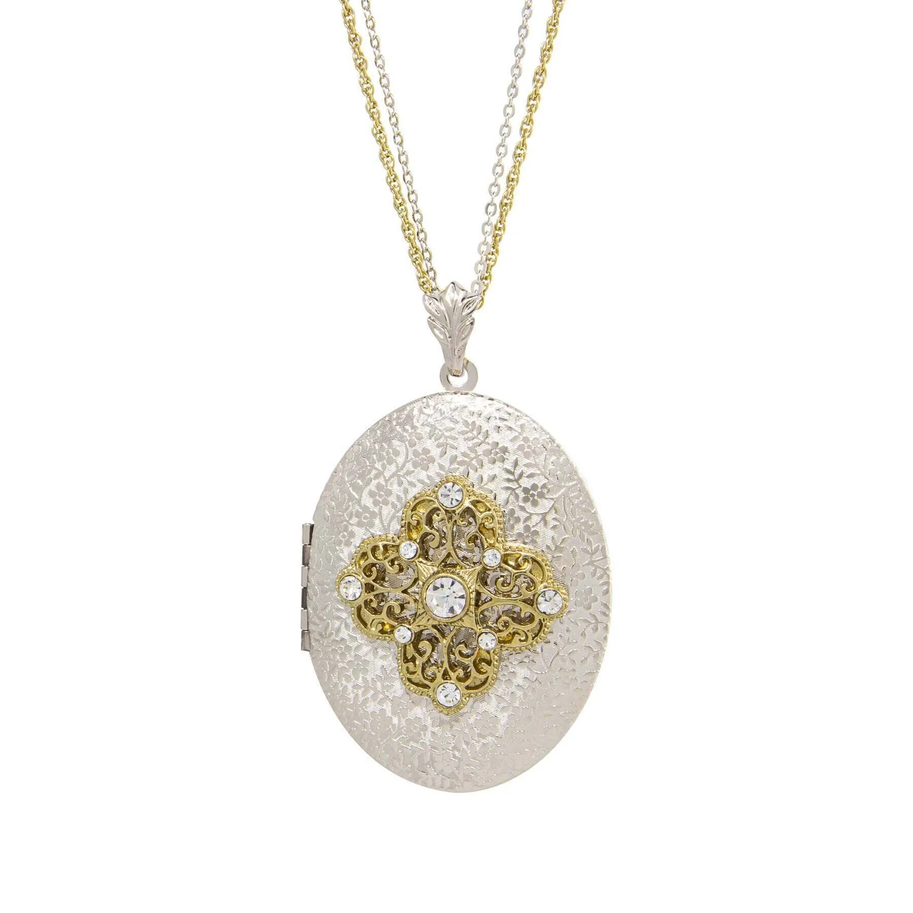 1928 Jewelry Oval Floral Filigree & Crystal Photo Locket Necklace 32" 1928 Jewelry