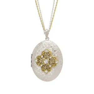 1928 Jewelry Oval Floral Filigree & Crystal Photo Locket Necklace 32" 1928 Jewelry