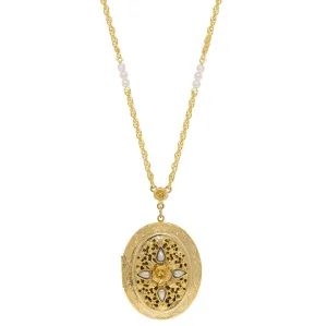 1928 Jewelry Oval Flower & Faux Pearl Two Picture Locket Necklace 30" 1928 Jewelry