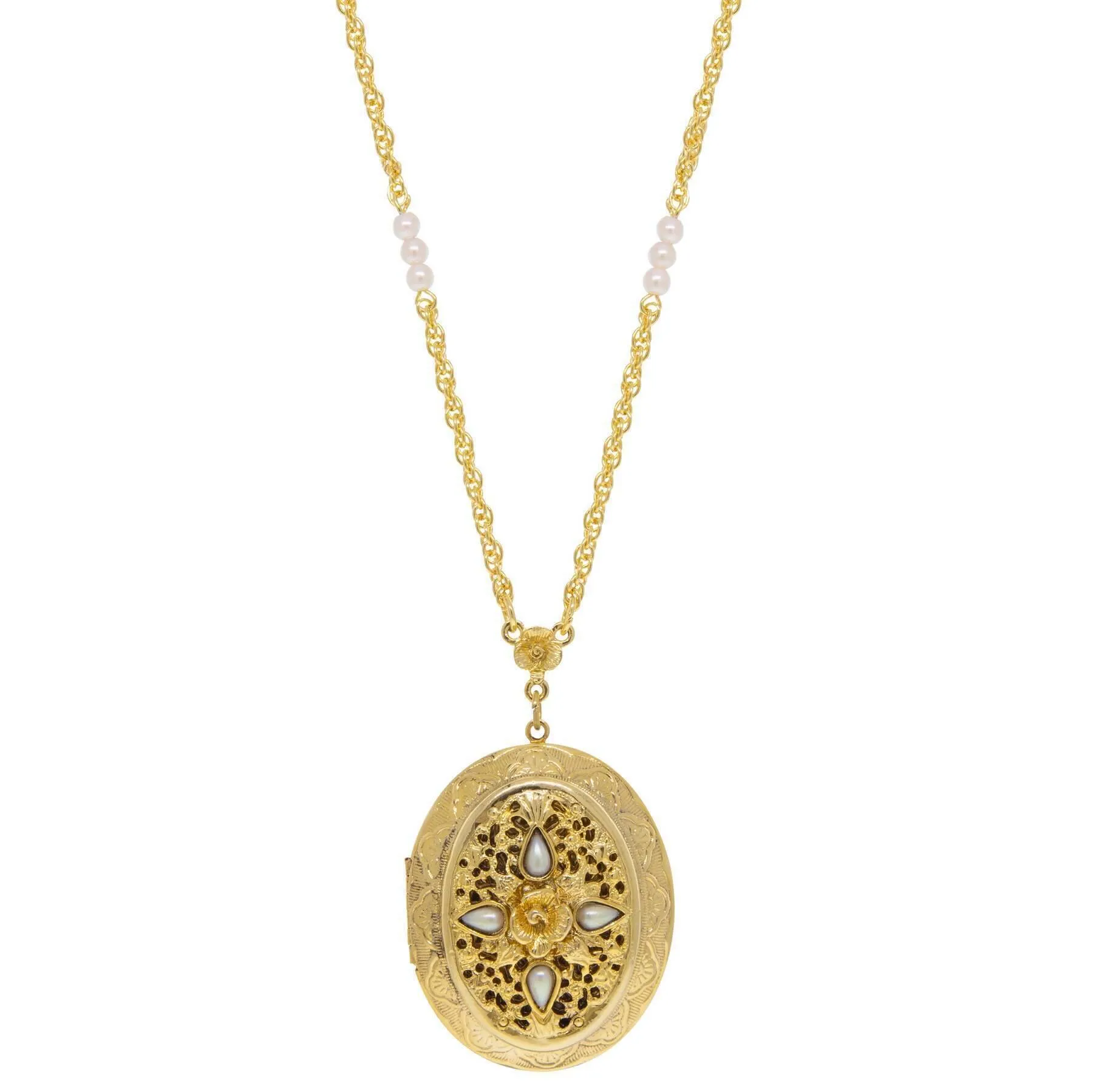 1928 Jewelry Oval Flower & Faux Pearl Two Picture Locket Necklace 30" 1928 Jewelry