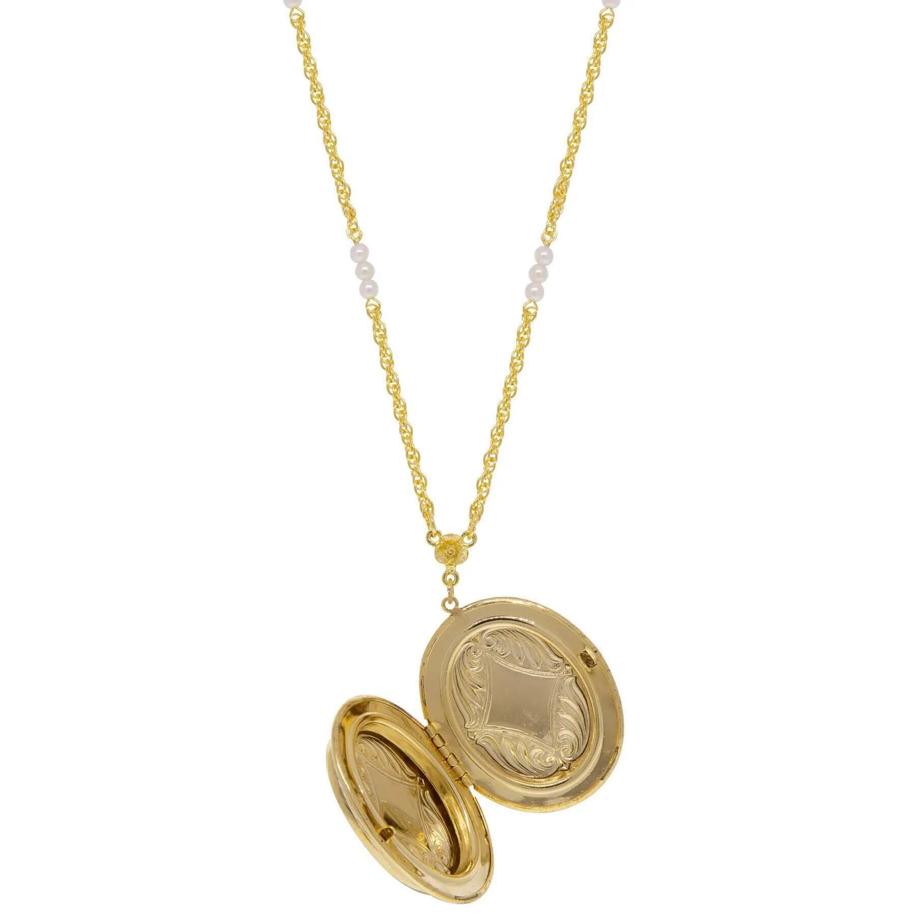 1928 Jewelry Oval Flower & Faux Pearl Two Picture Locket Necklace 30" 1928 Jewelry