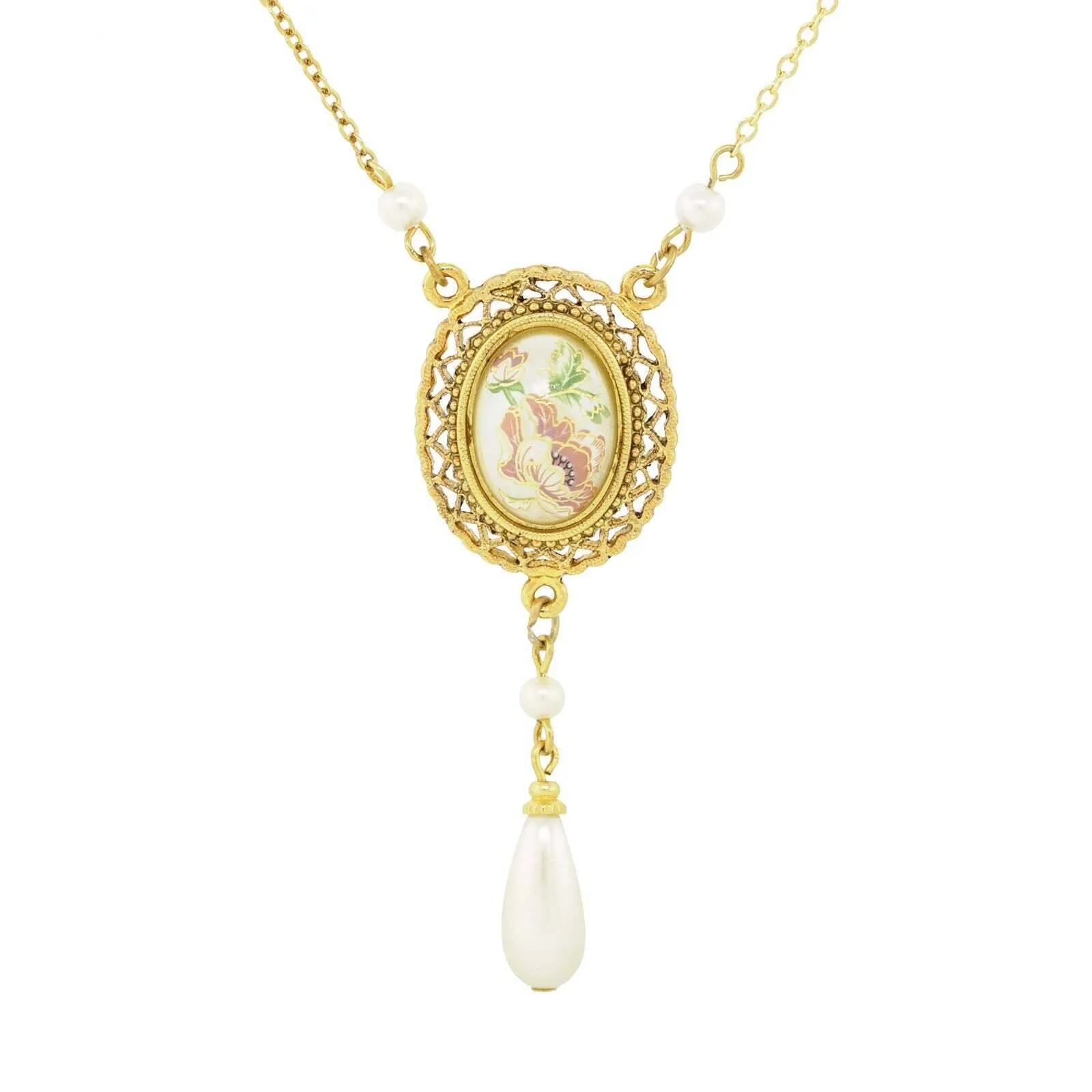 1928 Jewelry Oval Flower Decal Faux Pearl Teardrop Pendant Necklace 16"   3" Extender 1928 Jewelry