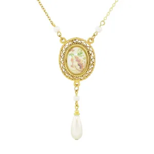 1928 Jewelry Oval Flower Decal Faux Pearl Teardrop Pendant Necklace 16"   3" Extender 1928 Jewelry