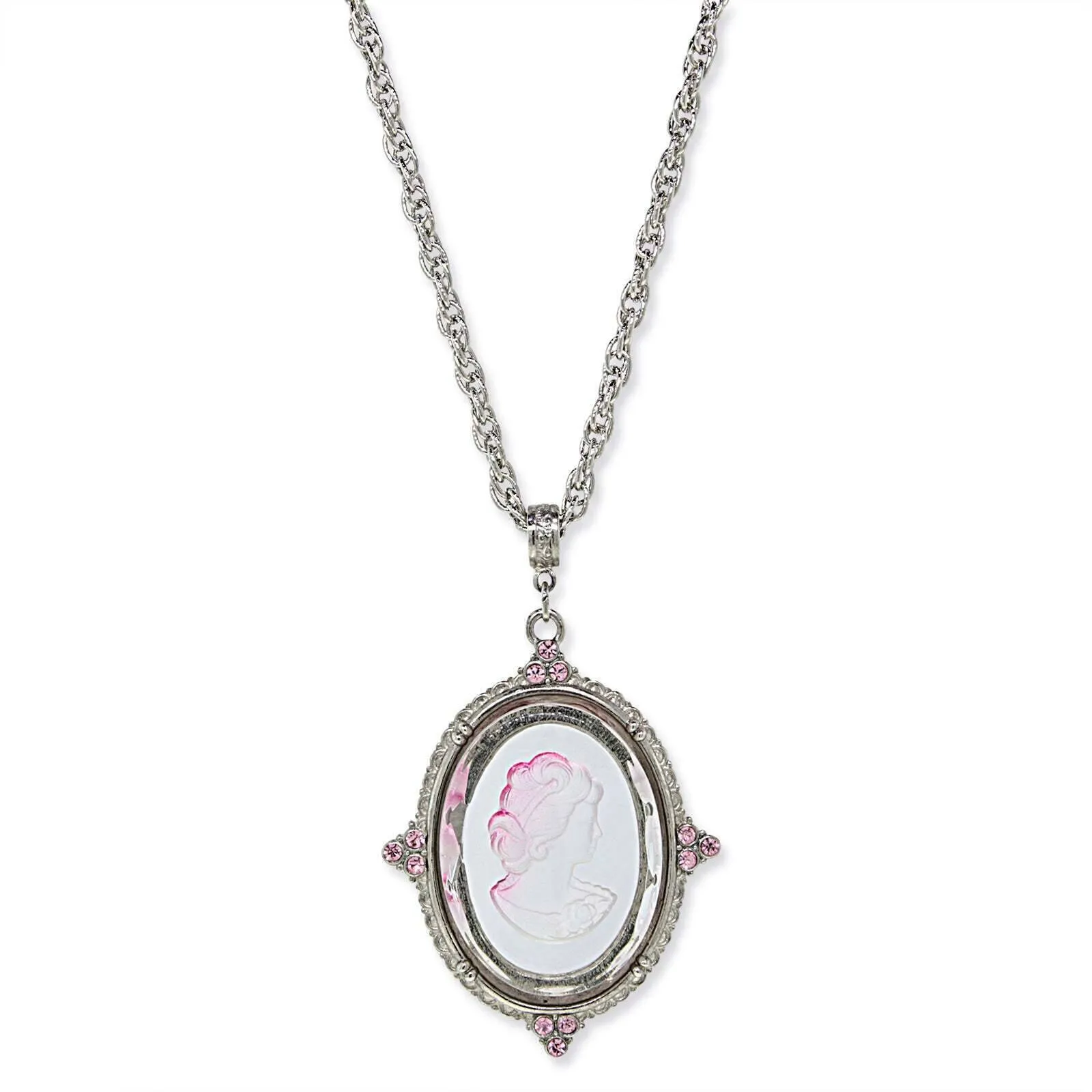 1928 Jewelry Oval Frosted Glass Intaglio Crystal Pendant Necklace 30" 1928 Jewelry