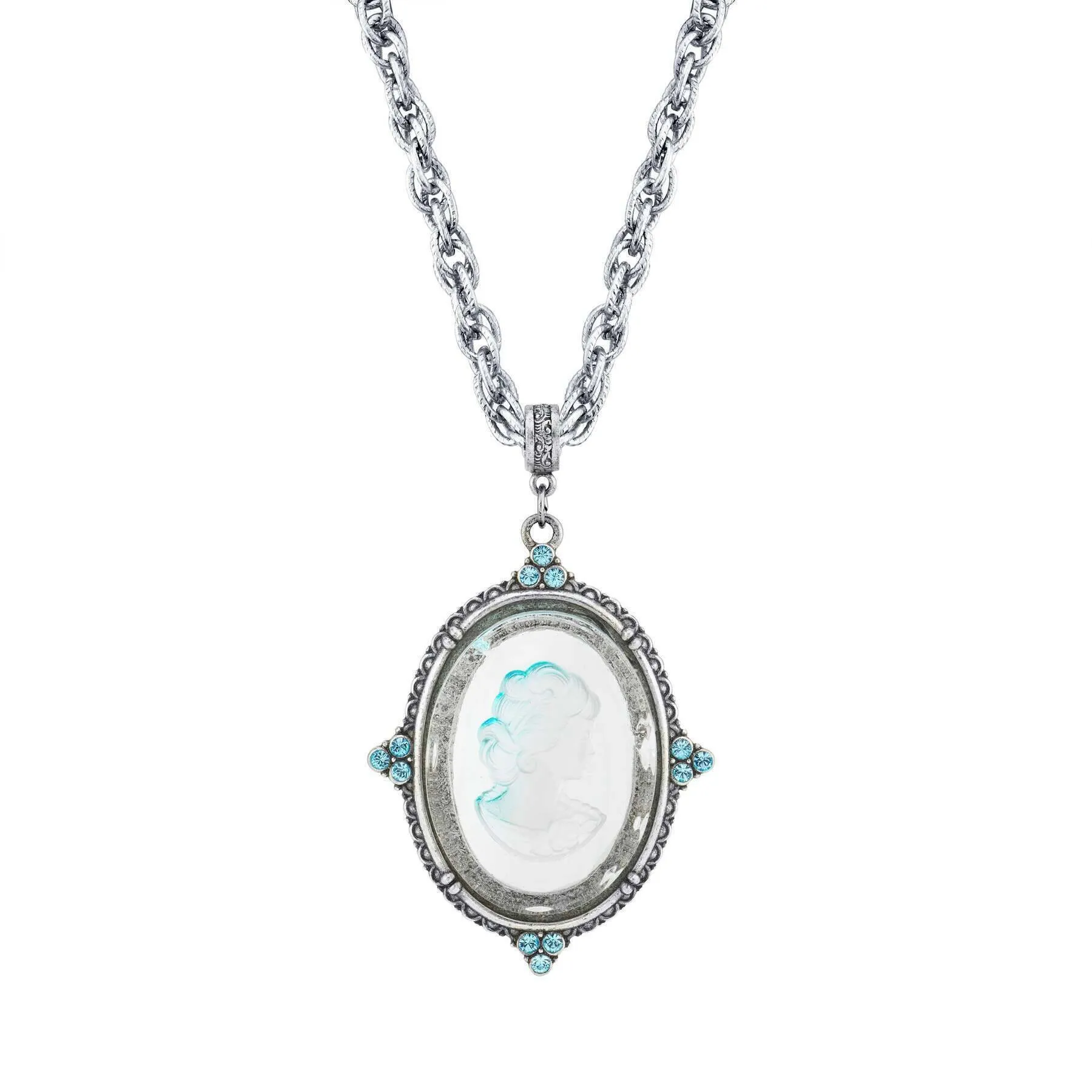 1928 Jewelry Oval Frosted Glass Intaglio Crystal Pendant Necklace 30" 1928 Jewelry