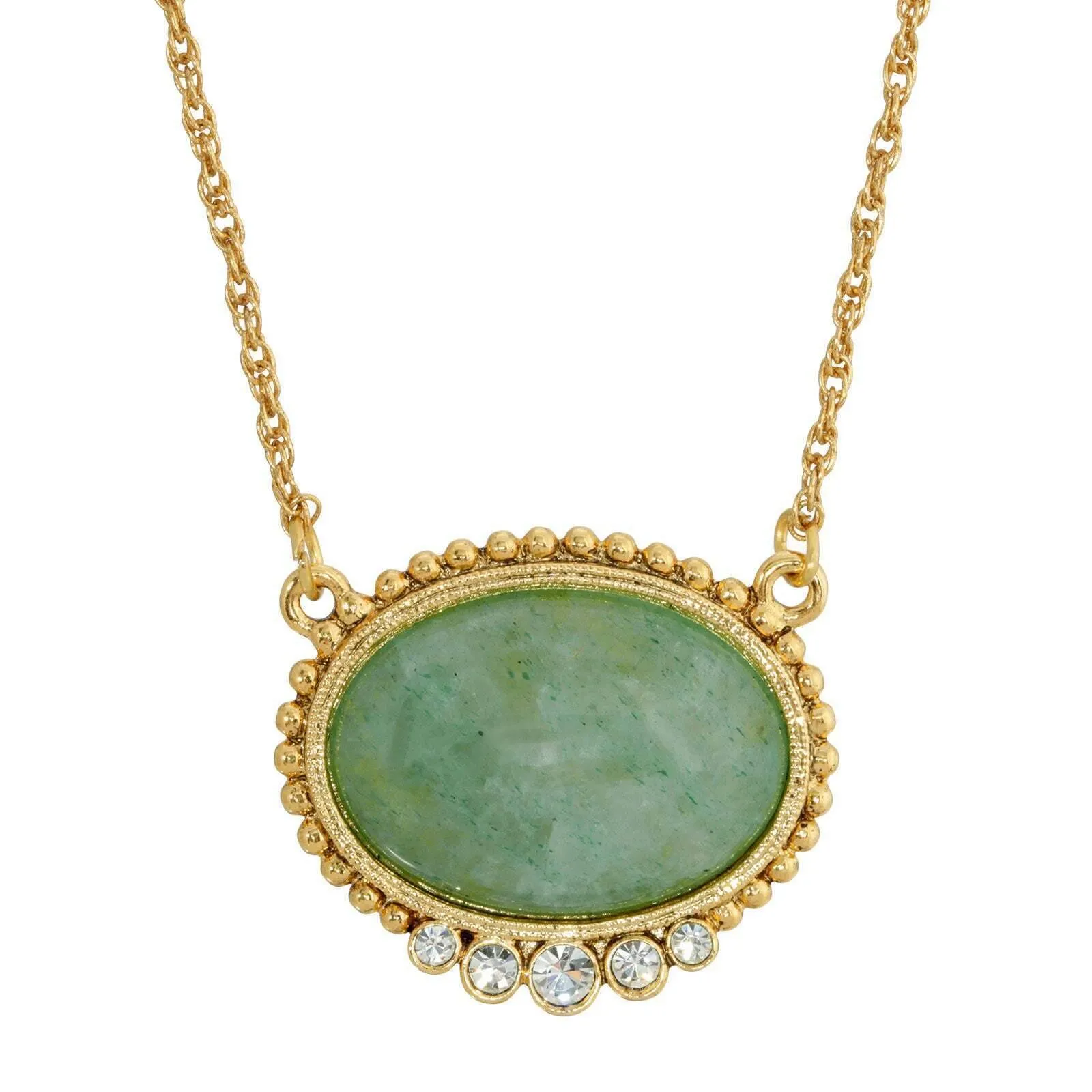 1928 Jewelry Oval Gemstone With Crystals Pendant Necklace 16" 1928 Jewelry