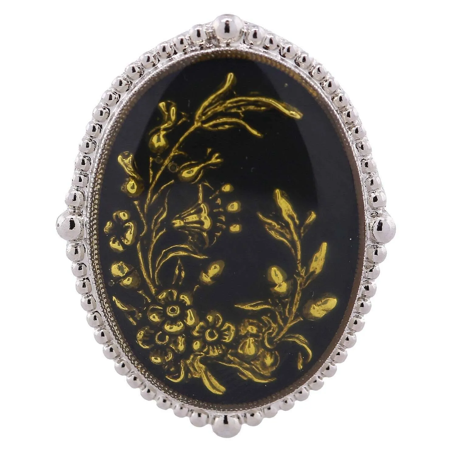 1928 Jewelry Oval Hand Enameled Black And Gold Floral Stretch Ring 1928 Jewelry
