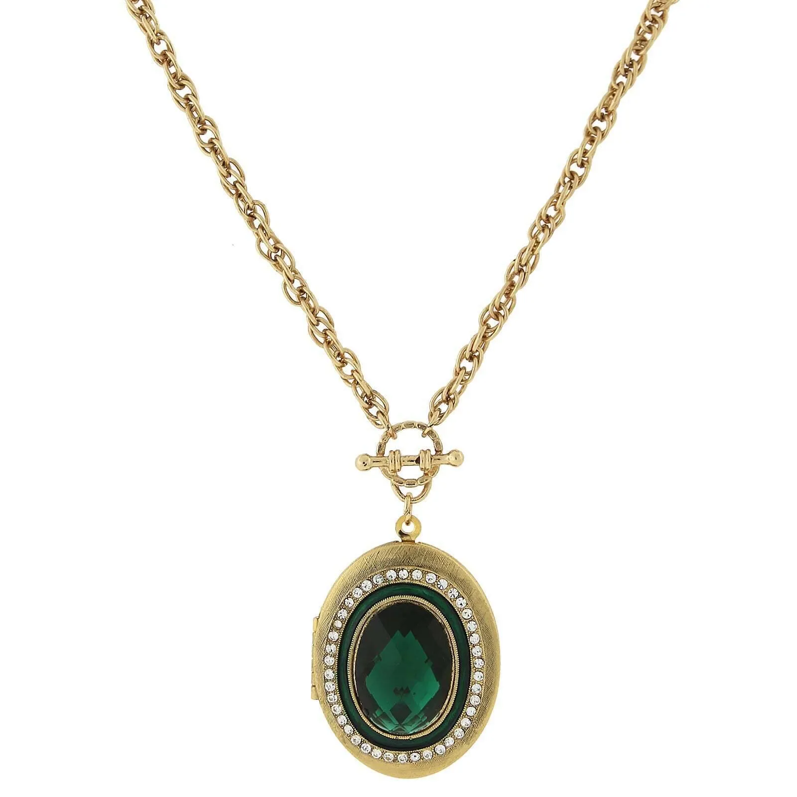 1928 Jewelry Oval Heirloom Euro Crystal Oval Stone Photo Locket Necklace 30" 1928 Jewelry