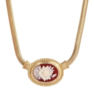 1928 Jewelry Oval Ivory Flower Carnelian Red Cameo Snake Chain Pendant Necklace 16"   3" Extender 1928 Jewelry