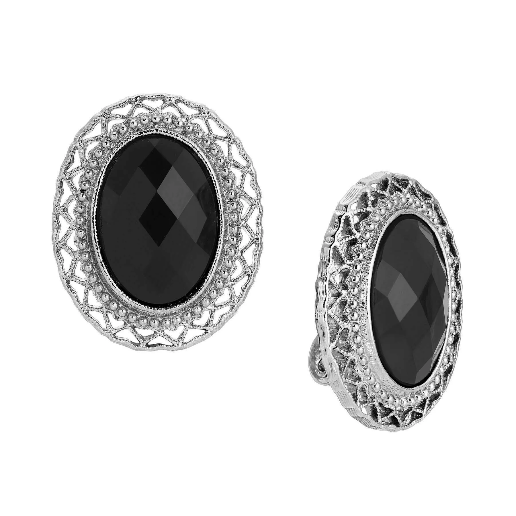 1928 Jewelry Oval Jet Black Stone Clip On Earrings 1928 Jewelry