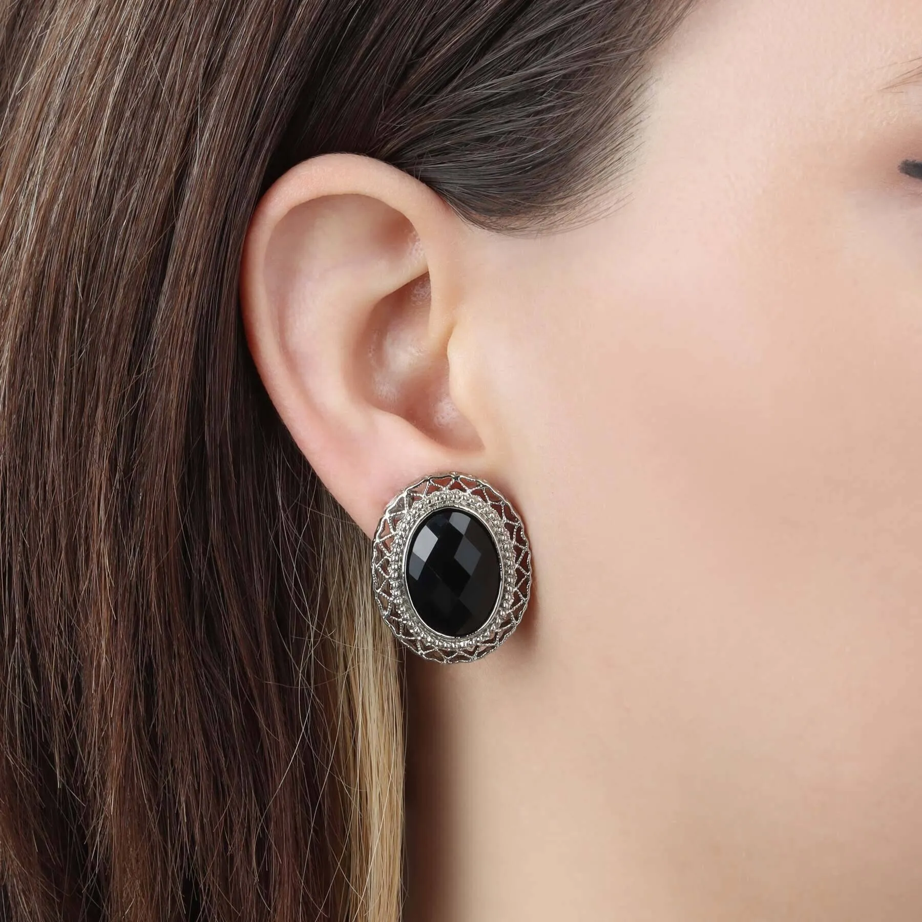 1928 Jewelry Oval Jet Black Stone Clip On Earrings 1928 Jewelry