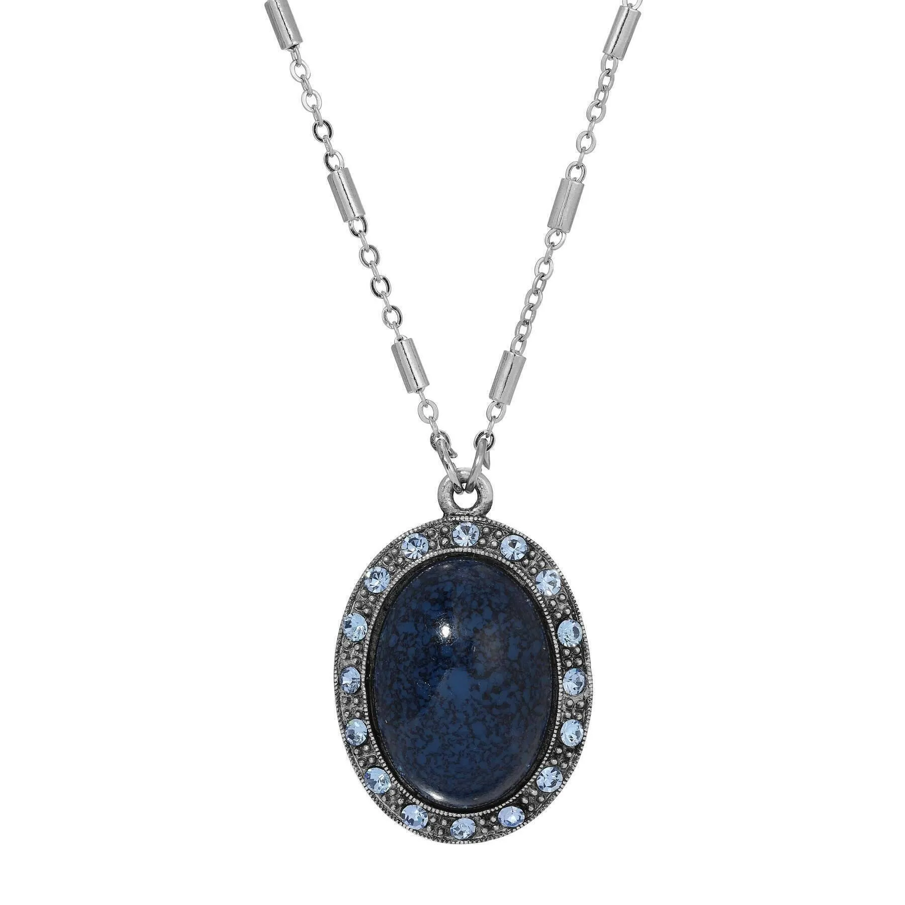 1928 Jewelry Oval Lapis Blue Stone & Light Sapphire Crystal Pendant Necklace 16"   3" Extension 1928 Jewelry