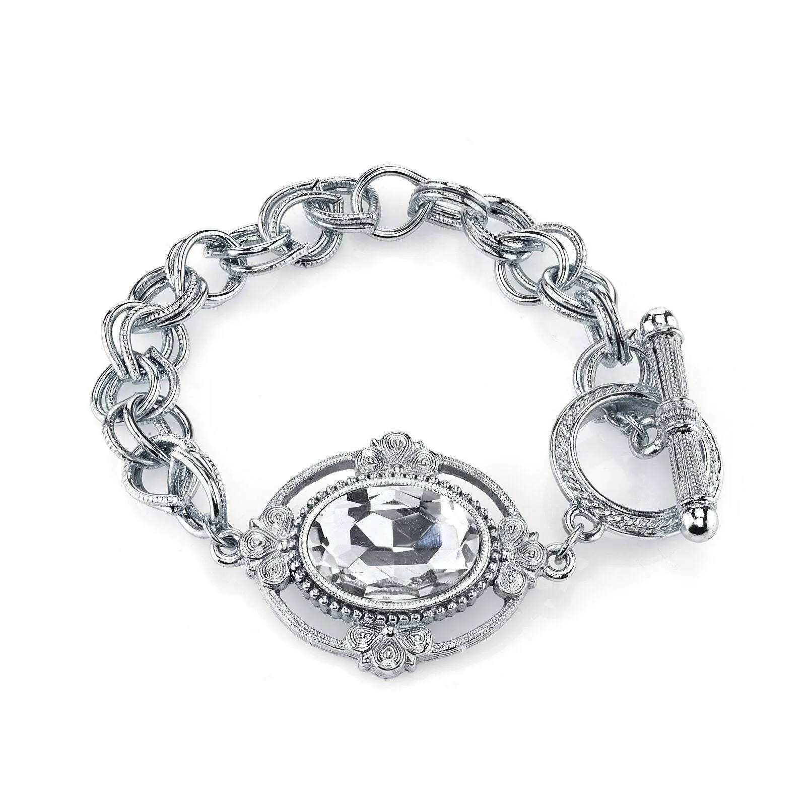 1928 Jewelry Oval Lux Crystal Silver Toggle Link Bracelet 1928 Jewelry