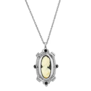 1928 Jewelry Oval Matte Black & Ivory Cameo Crystal Pendant Necklace 18" 1928 Jewelry