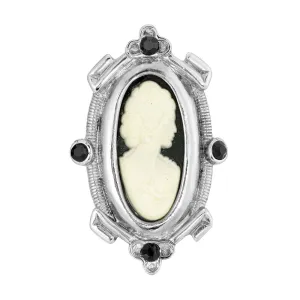 1928 Jewelry Oval Matte Black & Ivory Cameo Crystal Pin 1928 Jewelry