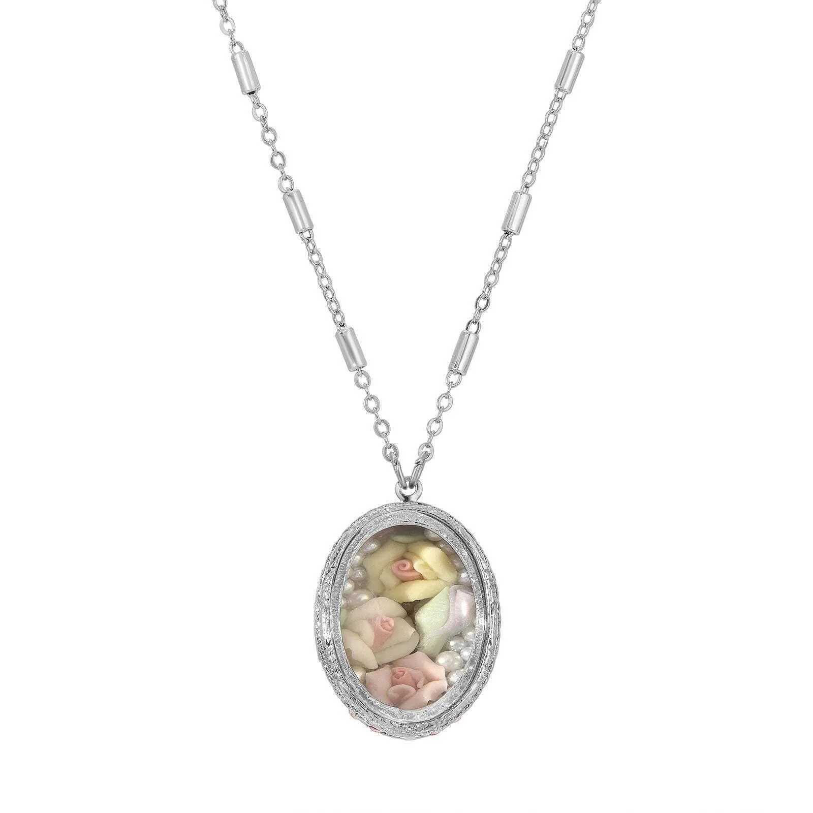 1928 Jewelry Oval Multicolor Porcelain Roses Pendant Necklace 30" 1928 Jewelry