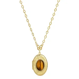 1928 Jewelry Oval Semi Precious Tiger Eye Etched Floral Locket Necklace 26" 1928 Jewelry