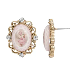 1928 Jewelry Oval Stitch Pattern Pink Rose Button Earrings 1928 Jewelry