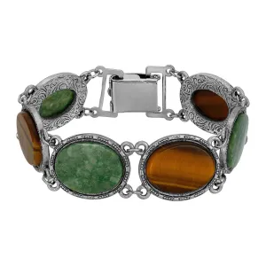 1928 Jewelry Oval Tigers Eye & Jade Gemstone Link Bracelet 1928 Jewelry