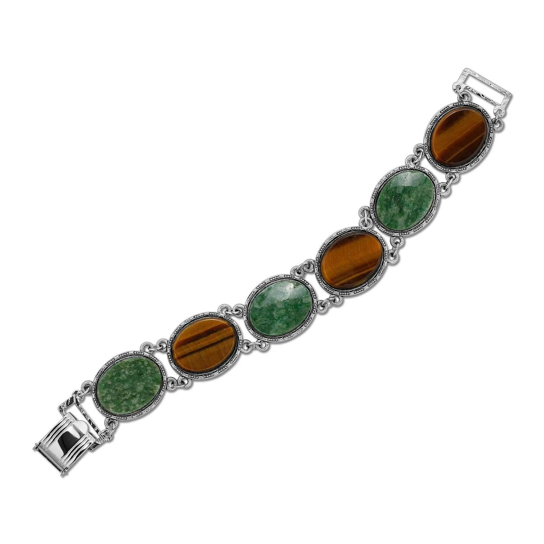 1928 Jewelry Oval Tigers Eye & Jade Gemstone Link Bracelet 1928 Jewelry