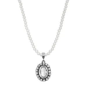 1928 Jewelry Oval Vivid Austrian Crystal Pendant 4mm Faux Pearl Strand Necklace 15"   3" Extender 1928 Jewelry