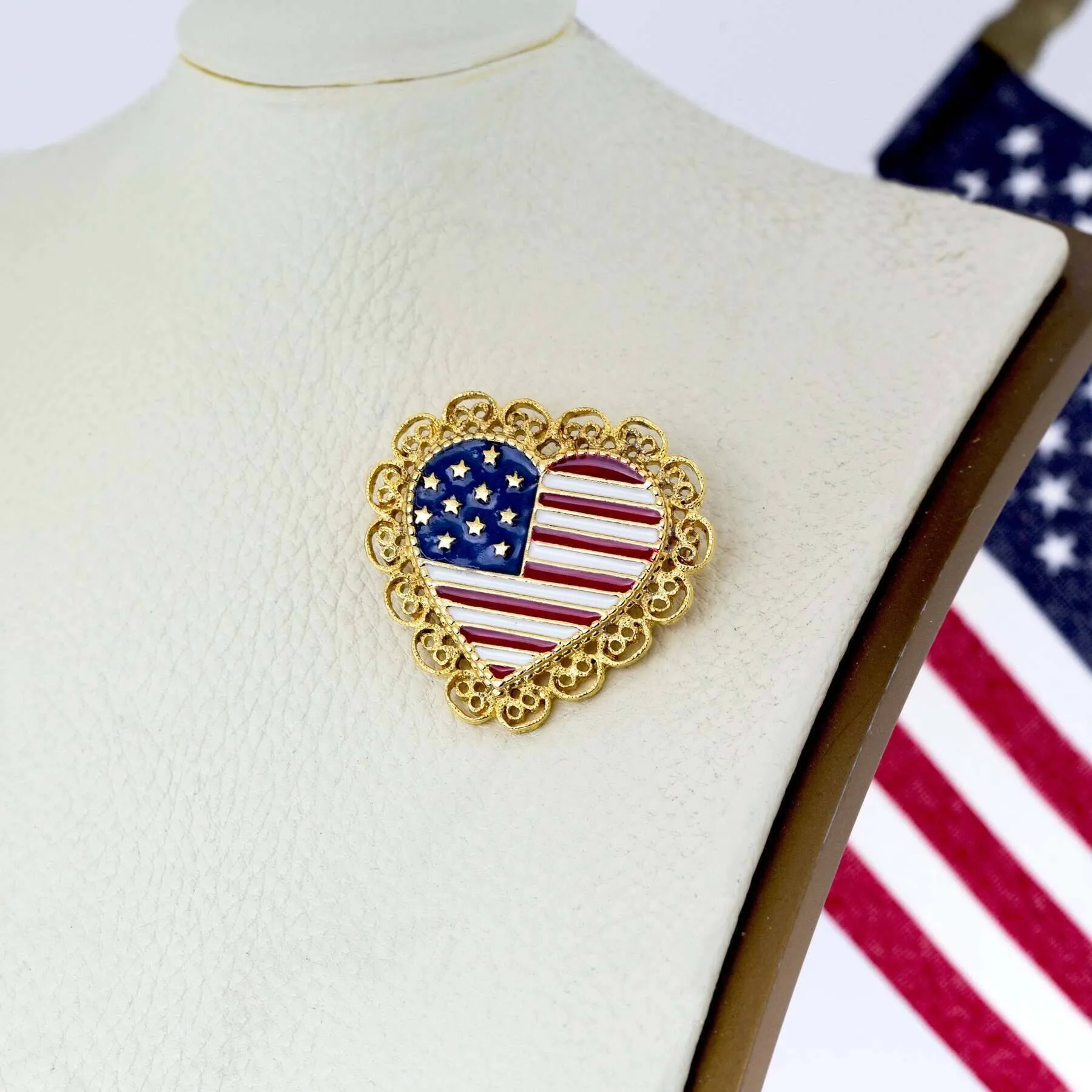 1928 Jewelry Patriotic American Flag Heart Filigree Pin 1928 Jewelry