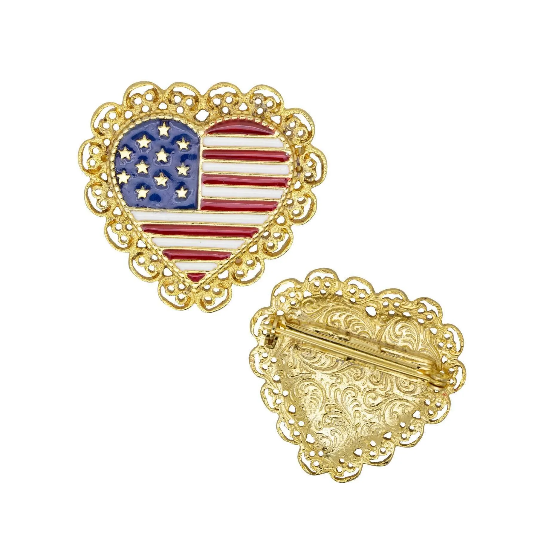 1928 Jewelry Patriotic American Flag Heart Filigree Pin 1928 Jewelry