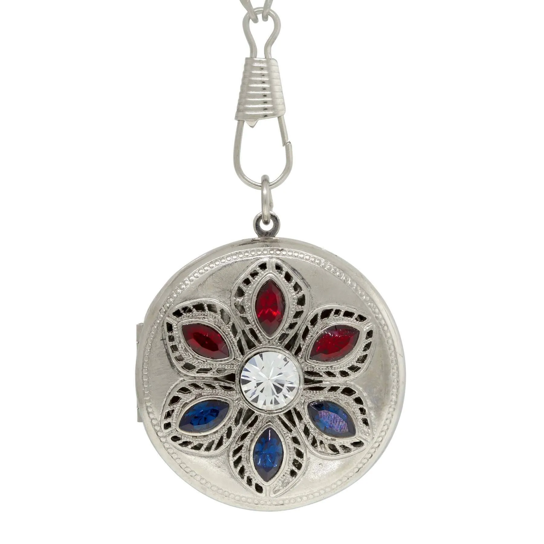 1928 Jewelry Patriotic Red White and Blue Crystal Locket Necklace 28" 1928 Jewelry
