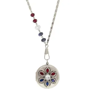 1928 Jewelry Patriotic Red White and Blue Crystal Locket Necklace 28" 1928 Jewelry