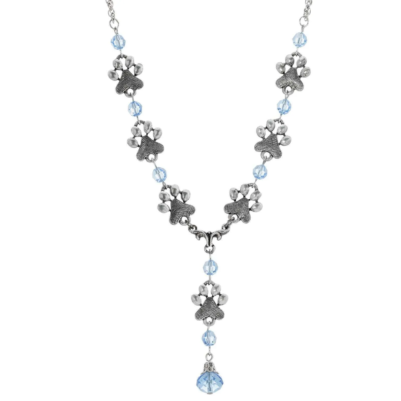 1928 Jewelry Paw Prints And Light Sapphire Glass Bead Y Necklace 16"   3" Extender 1928 Jewelry