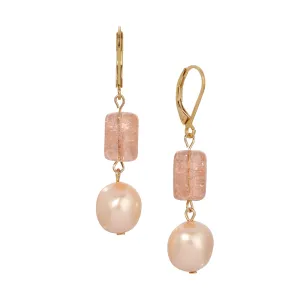 1928 Jewelry Peach Cracked Glass & Faux Pearl Dangling Earrings 1928 Jewelry