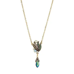 1928 Jewelry Peacock Plumage Art Nouveau Style Blue Iridescent AB Drop Pendant Necklace 16"   3" Extender 1928 Jewelry